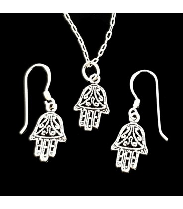 Hand of Fatima. Silver earrings and pendant