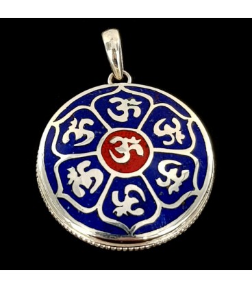 Mantra Om. Lapis Lazuli and red Jasper inlaid on Sterling silver pendant