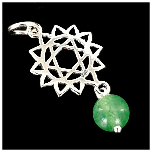 Heart Chakra symbol pendant. Silver with green Tourmaline.