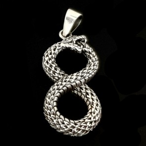 Infinity symbol with snake. Silver pendant with cord